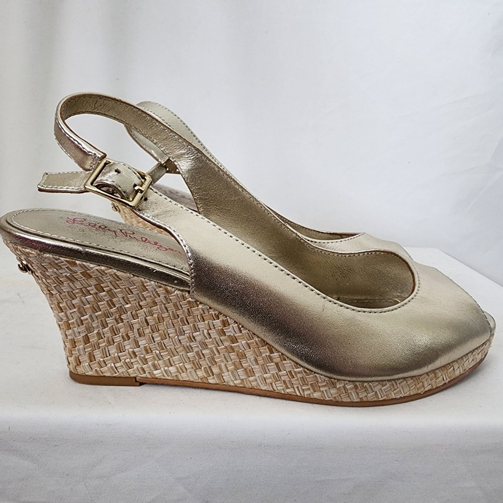 Lilly Pulitzer Kristin Peep Toe Gold Wedge Sandals Woven Textile Size 8